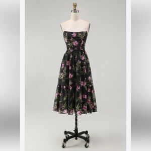 Azazie Atalier Black Midi Dress with Pink Floral Design